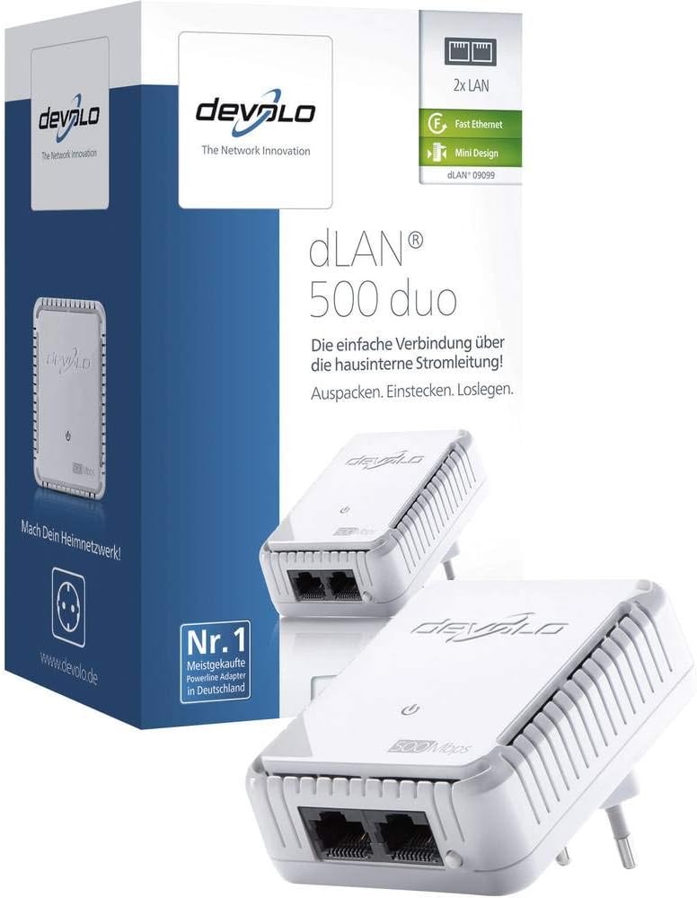 devolo dLAN 500 duo Powerline (Internet über die Steckdose, 2x LAN Ports, 1x Powerlan Adapter, PLC N