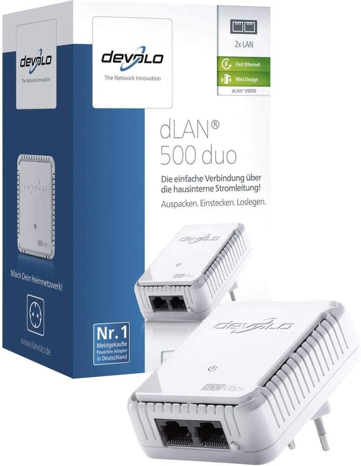 devolo dLAN 500 duo Powerline (Internet über die Steckdose, 2x LAN Ports, 1x Powerlan Adapter, PLC N