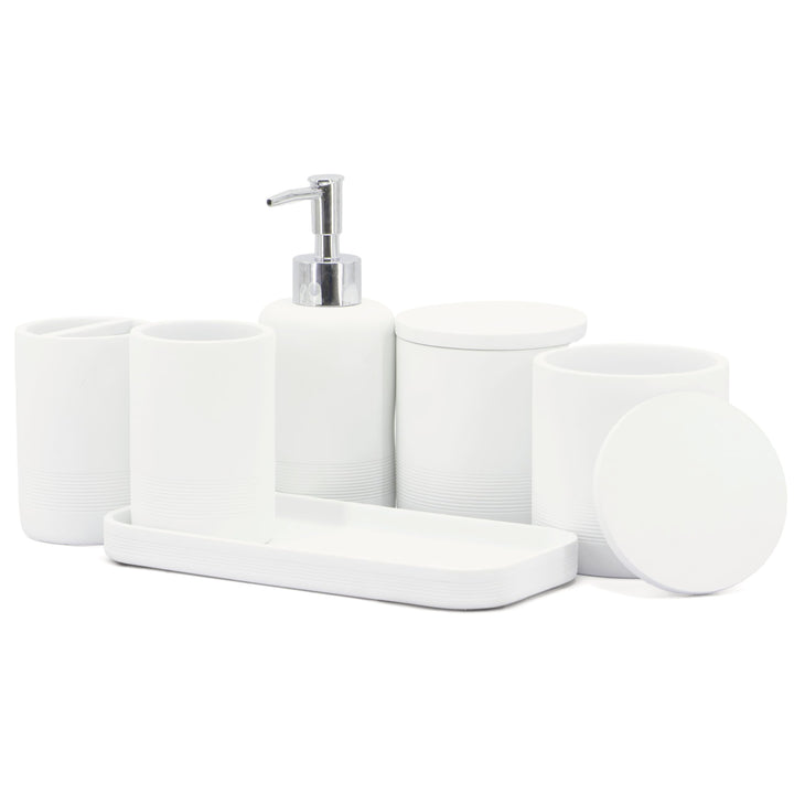 ZCCZ - Weisses Badezimmer-Zubehör-Set 6-teilig – Zahnbürstenhalter, Lotionseifenspender, 2 Qtip-Halt