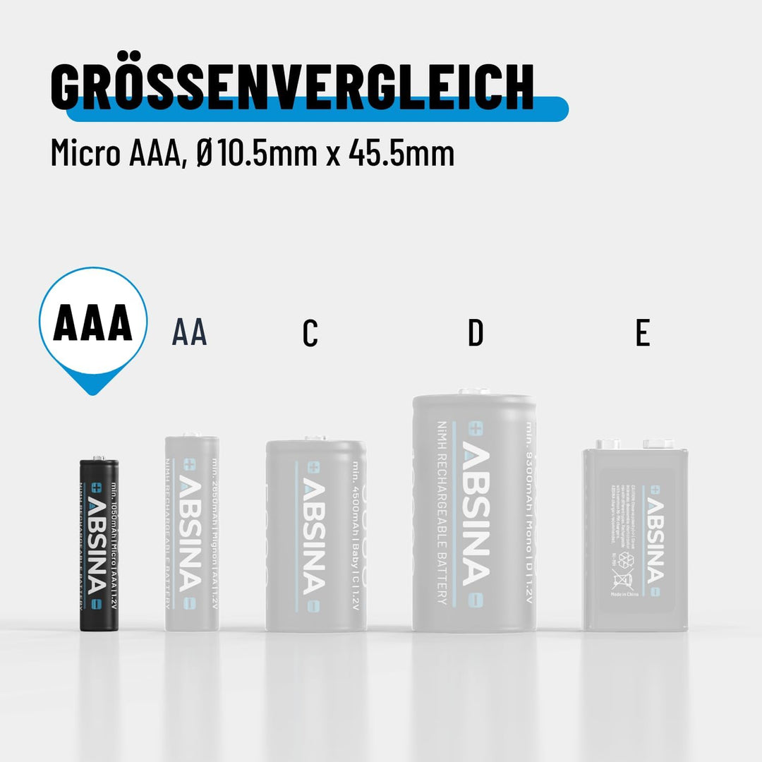ABSINA AAA Akku 1150 NiMH 32er Pack - Akku AAA Micro mit 1,2V &amp; min. 1050 mAh - AAA Akkus wiederaufl