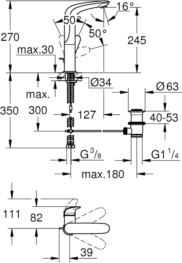 GROHE Wave - Einhand- Waschtischarmatur (wassersparend, L-Size, schnelle Befestigung, inkl. Montagew