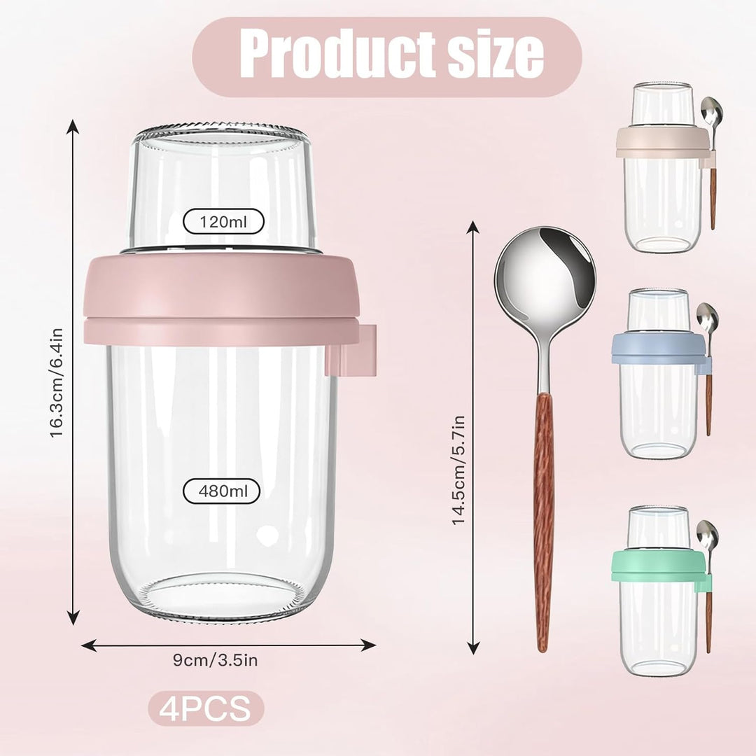 Müslibecher To Go 4er Set, 480ml+120ml Overnight Oats Gläser, Joghurtbecher To Go mit Löffel, Meal P