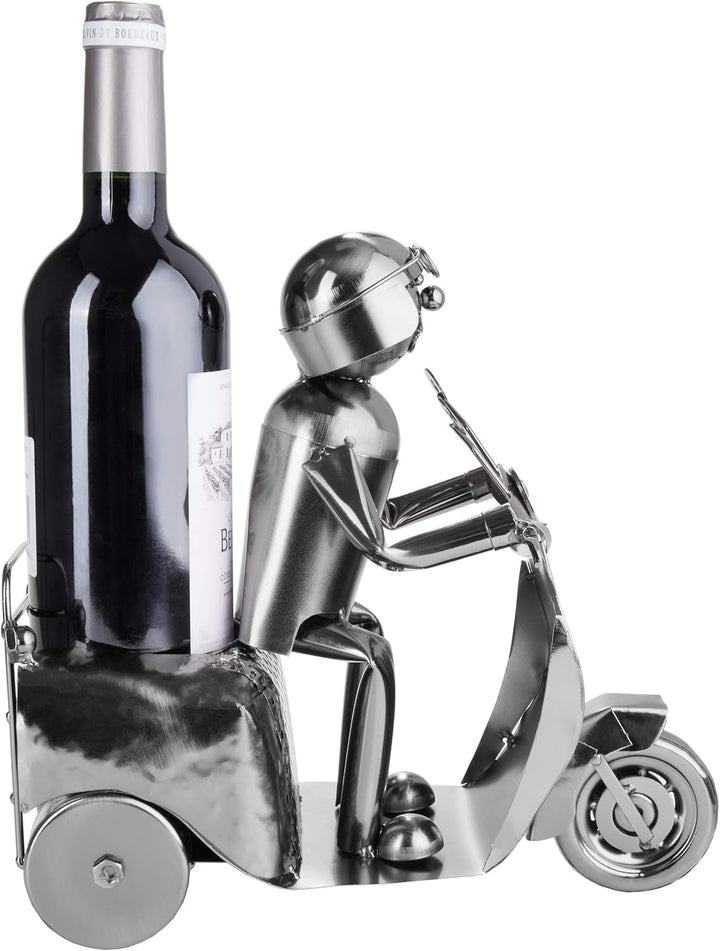 BRUBAKER Weinflaschenhalter Rollerfahrer Silber - Metall Skulptur Flaschenständer - 27 cm Metallfigu