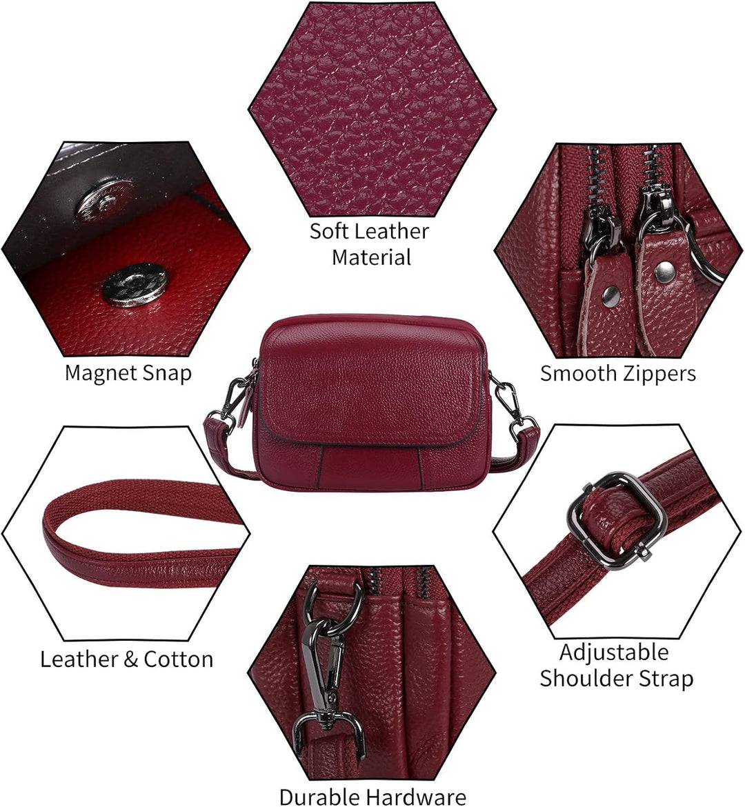 HAWEE Damen Handy Umhängetasche Echtes Leder Crossbody Schultertasche mit 3 Reissverschlüsse Kleine