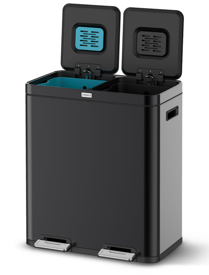 Mülleimer Küche 2 Fächer 60L - Doppelmülleimer mit FreshAura Geruchsfilter - Duo Slow Close Tretmüll