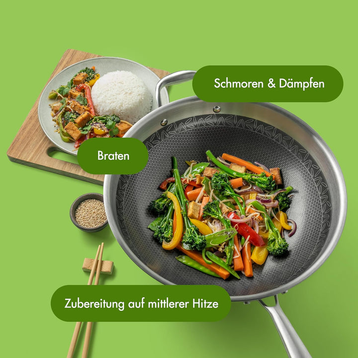 Reishunger Premium Edelstahl Wok – 28 cm Durchmesser – mit keramischer Antihaft-Beschichtung – Frei