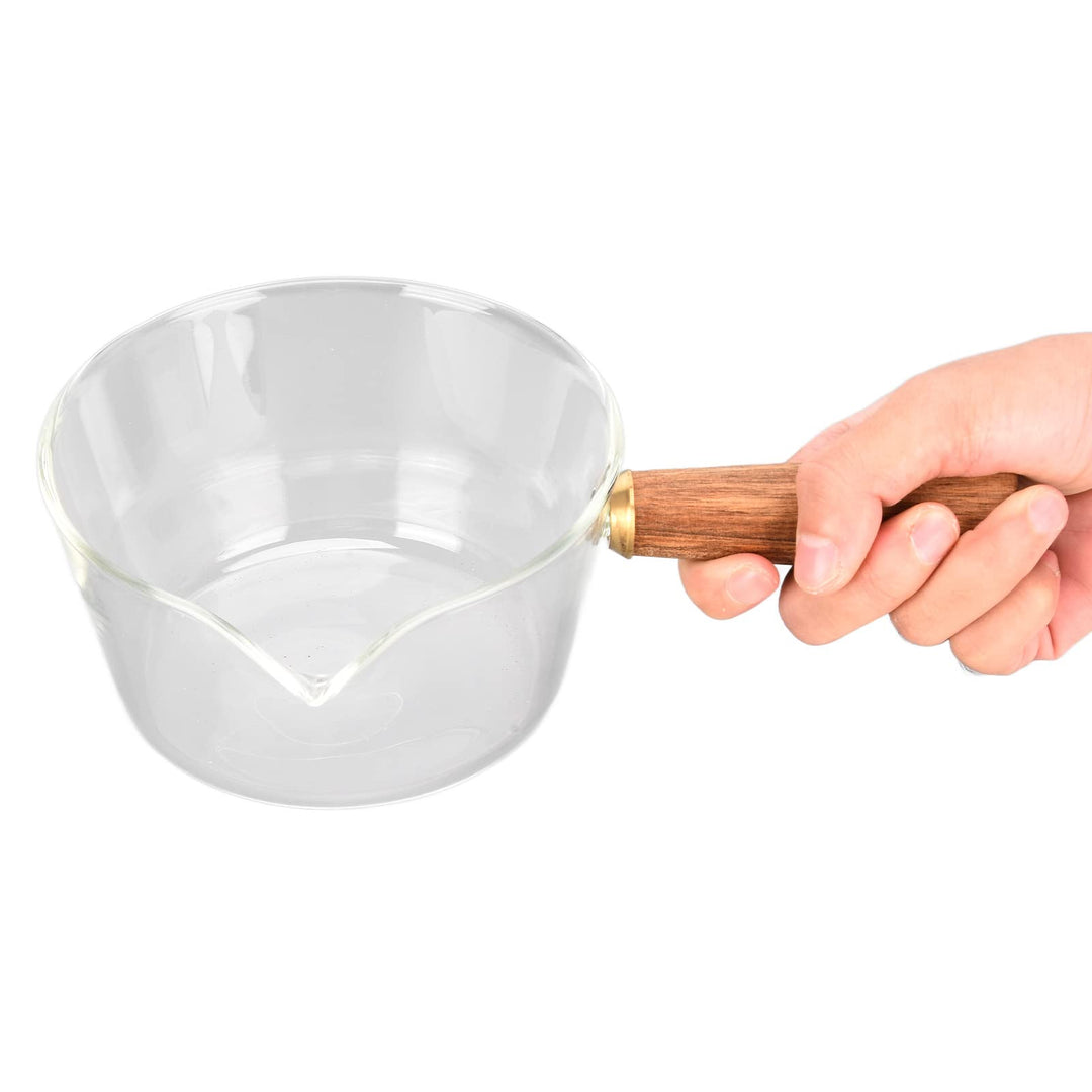 Milchtopf aus Glas mit V-Ausguss und Holzgriff, 400ml, Hitzebeständig, für Milch, Sossen, Nudeln, 40