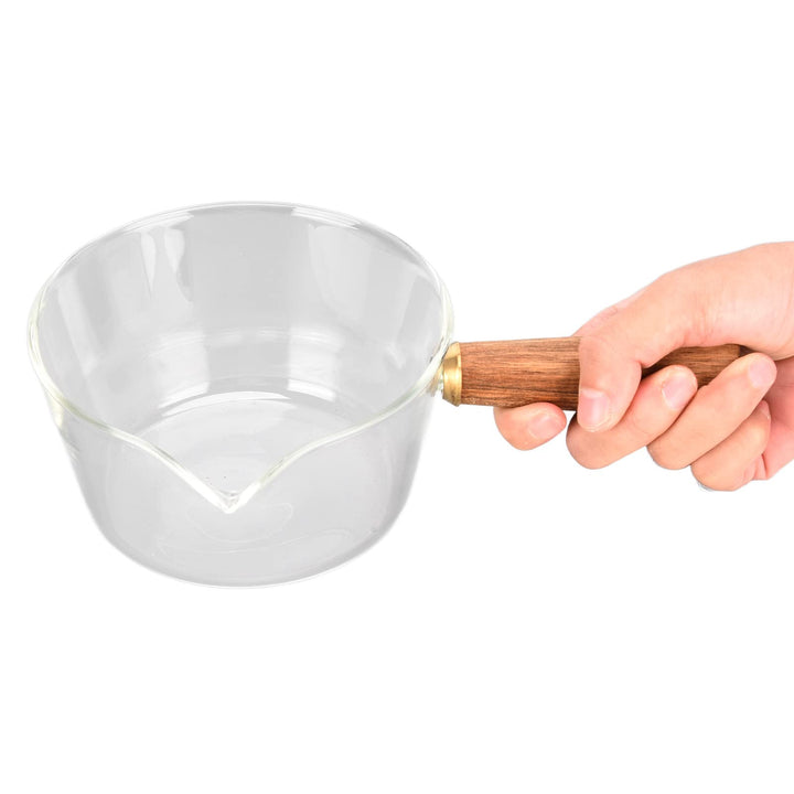 Milchtopf aus Glas mit V-Ausguss und Holzgriff, 400ml, Hitzebeständig, für Milch, Sossen, Nudeln, 40