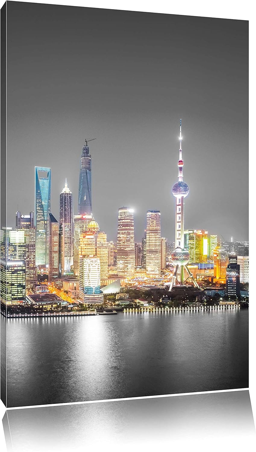Pixxprint Shanghai Skyline bei Nacht als Leinwandbild/Grösse: 100x70 cm/Wandbild/Kunstdruck/fertig b