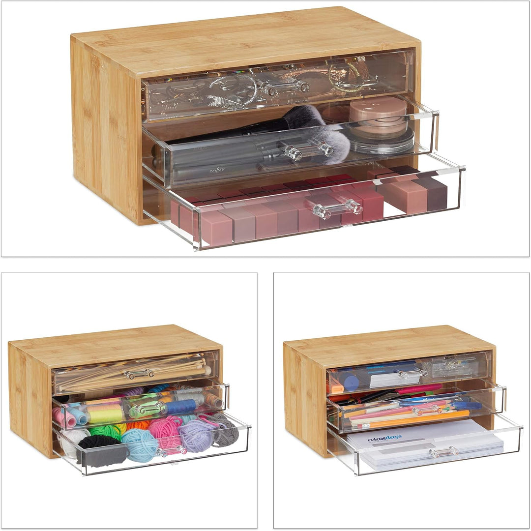Relaxdays Kosmetik Organizer, 3 Schubladen, Make Up &amp; Schmuckaufbewahrung, HBT 15x30x17,5cm, Bambus