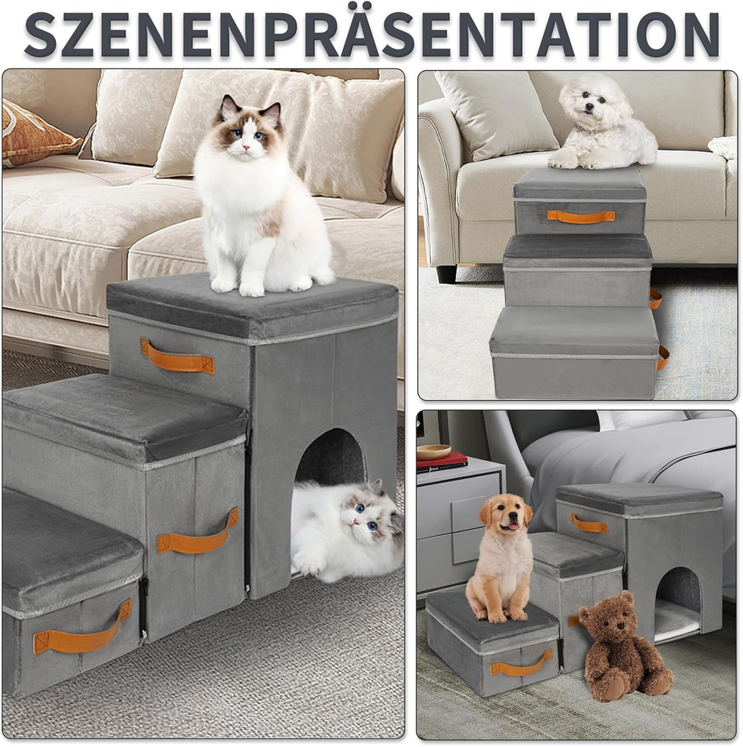 Haustiertreppe 3 Stufen mit Zwingerdesign Hundetreppe Zusammenklappbar mit Stauraum,Kombinierte Verw