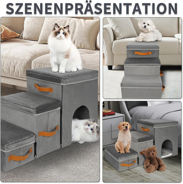 Haustiertreppe 3 Stufen mit Zwingerdesign Hundetreppe Zusammenklappbar mit Stauraum,Kombinierte Verw