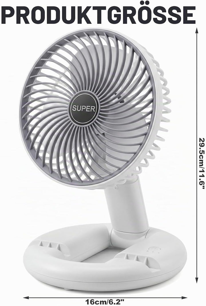 USB Tischventilator, Tragbar Leise Tischventilator mit 3 Geschwindigkeiten, Faltbar Akku Ventilator,