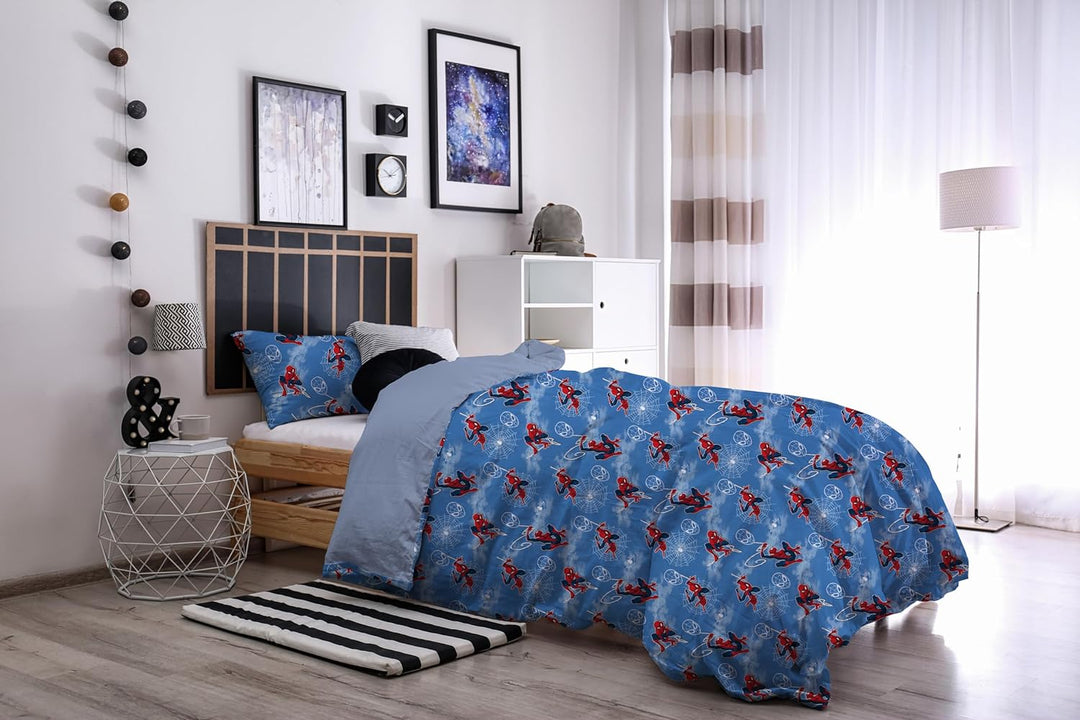 Spiderman Bettbezug-Set für Einzelbett, Baumwolle, Blau, 155 x 200 cm, Kissenbezug 50 x 80 cm, Marve