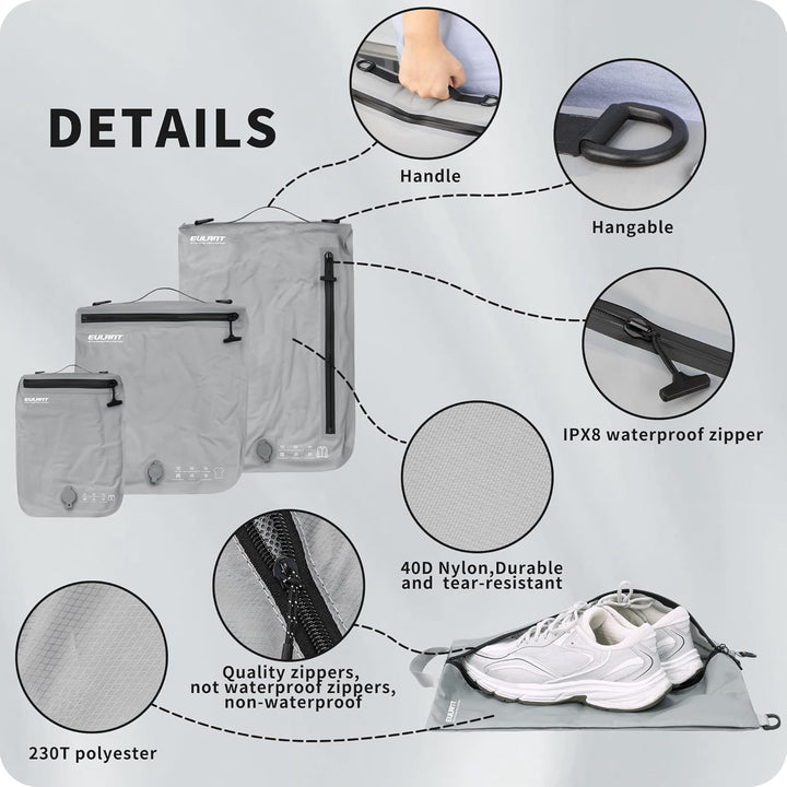 EULANT Kompressions Packwürfel Set 4 für Koffer, 3 Stück Wasserdicht Vakuumbeutel + 1 Schuh Tasche,
