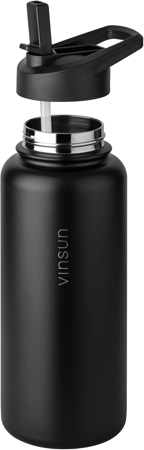 Vinsun Thermosflasche schwarz 1L - auslaufsicher, Kohlensäure geeignet, BPA frei - Strohhalm, Trinkö