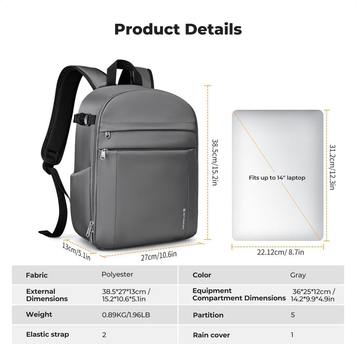 K&amp;F CONCEPT Kamerarucksack Fotorucksack Kompakt &amp; Leicht mit Regenschutz Dunkelgrau, Dunkelgrau