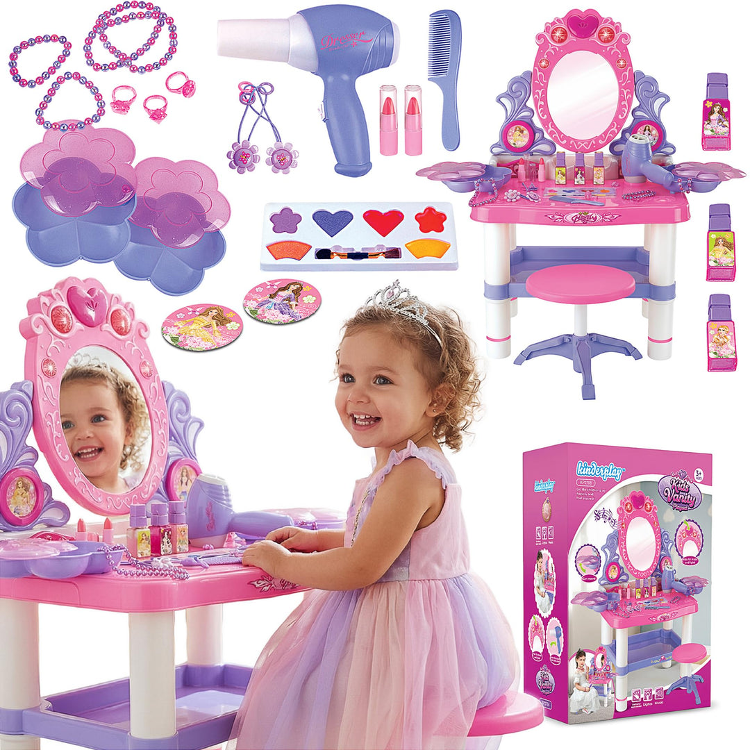 Kinderplay Rosa Schminktisch Kinder mit Zauberstab & Zubehör | Kinder Frisiertisch für Mädchen mit S