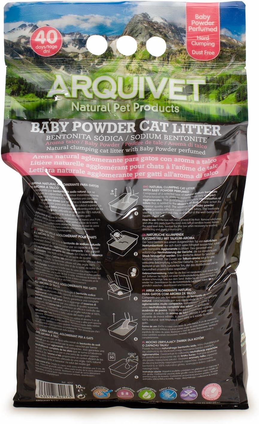 ARQUIVET Baby Powder Cat Litter 10 Kg - 100% natürliches Talkumpuder duftendes Klumpstreu für Katzen