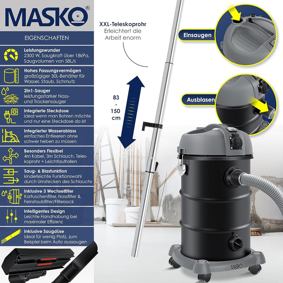 MASKO® 6IN1 Industriestaubsauger Staubsauger Nass Trocken Sauge Aschesauger 2300W + Steckdose✓ Blasf