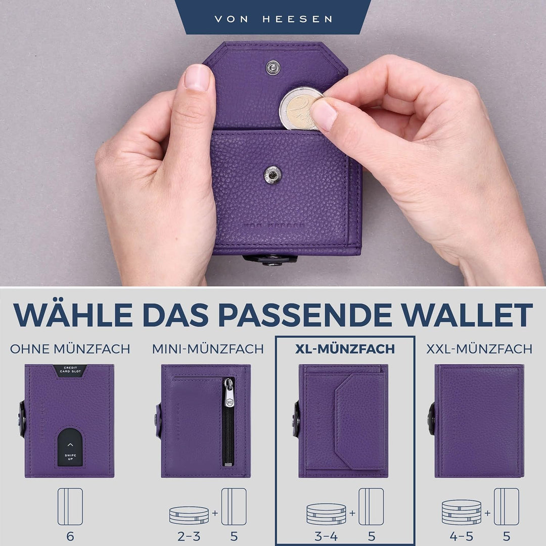 VON HEESEN Slim Wallet mit XL Münzfach &amp; RFID Schutz - Leder Geldbörse Herren klein - Mini Geldbeute
