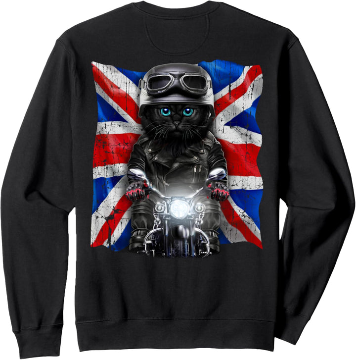 Patriot Katze auf einem Motorrad mit Union Jack Sweatshirt