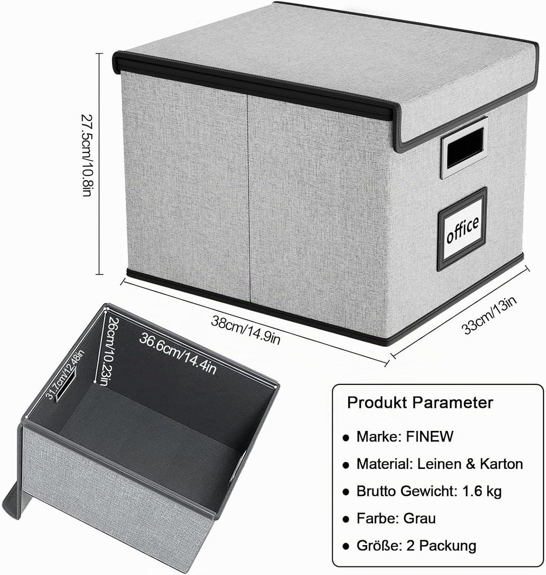 FINEW Faltbare Aufbewahrungsbox mit Deckel, Stilvolle Aufbewahrungsbox in Leinenoptik, 38.5 × 33 × 3