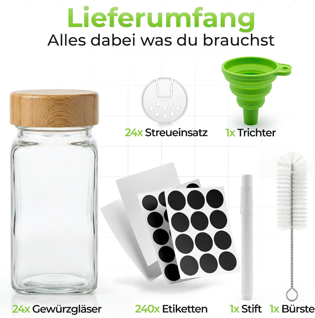 Gewürzgläser Set 24er, 120 ml, eckig mit Bambusdeckel &amp; Streueinsatz – inkl. Etiketten, Marker, Tric