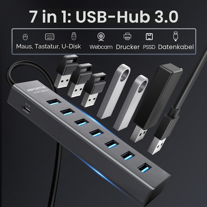 7-Port USB C auf USB Adapter Mit 30cm Kable, Aluminium USB Hub 5Gbps, USB C Verteiler Mehrfach Adapt