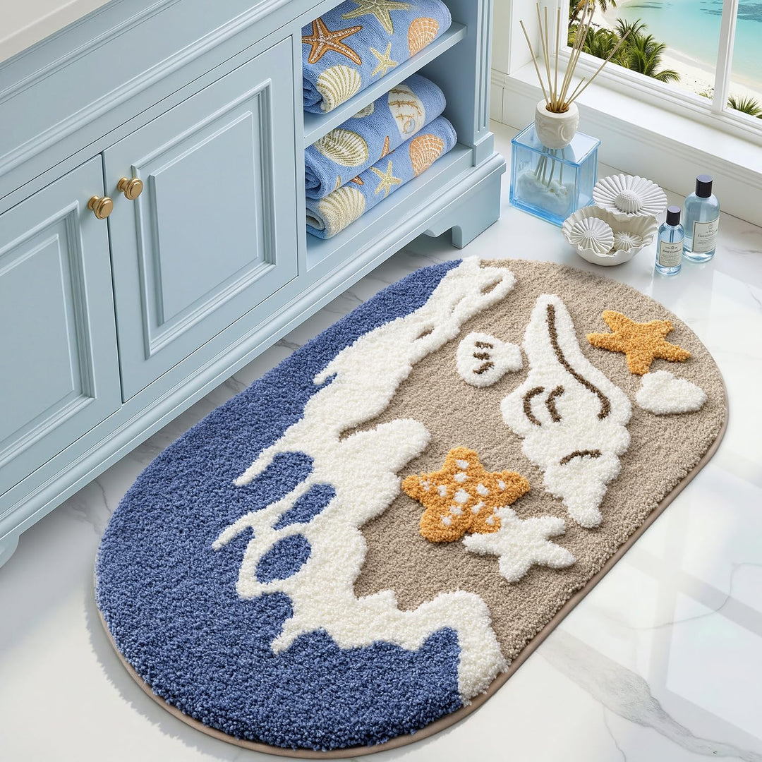 DEXI Ovale Badezimmerteppich 54 x 86 cm, Badematte rutschfest Absorbierende mit Seestern-Strand Must