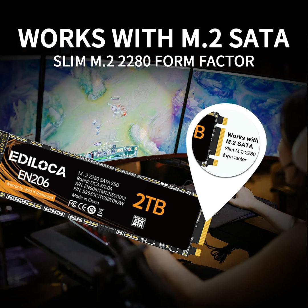 Ediloca EN206 2 TB SSD M.2 SATA 3D NAND TLC, M.2 2280 SATA III 6Gb/s SSD interne Festplatte, Lese-/S