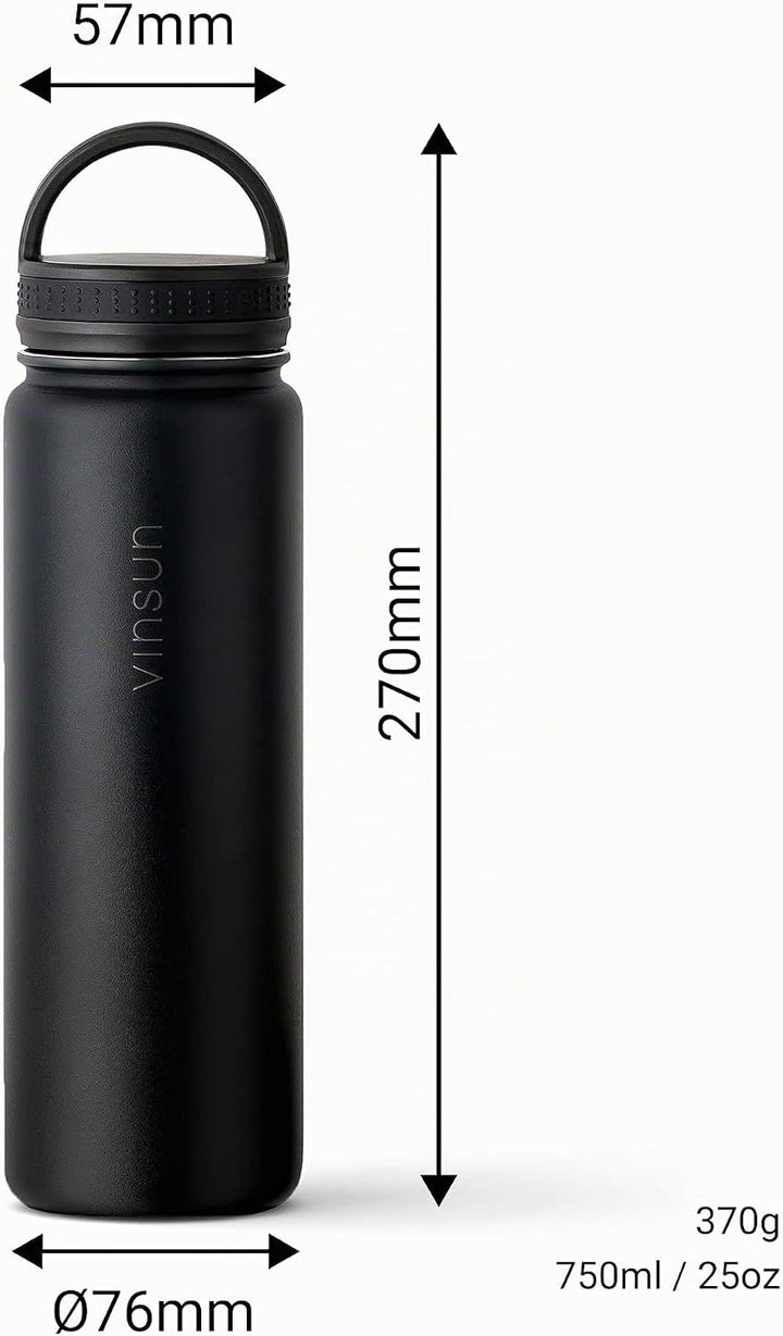 Vinsun Edelstahl Trinkflasche 750ml - Strohhalm, Trinköffnung, Drehverschluss - auslaufsicher, Kohle