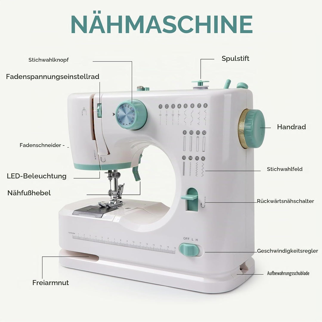 Nähmaschine für Anfänger und Kinder, Qoosea 16 Stichmuster Overlock Nähmaschine Einfach zu Bedienen,