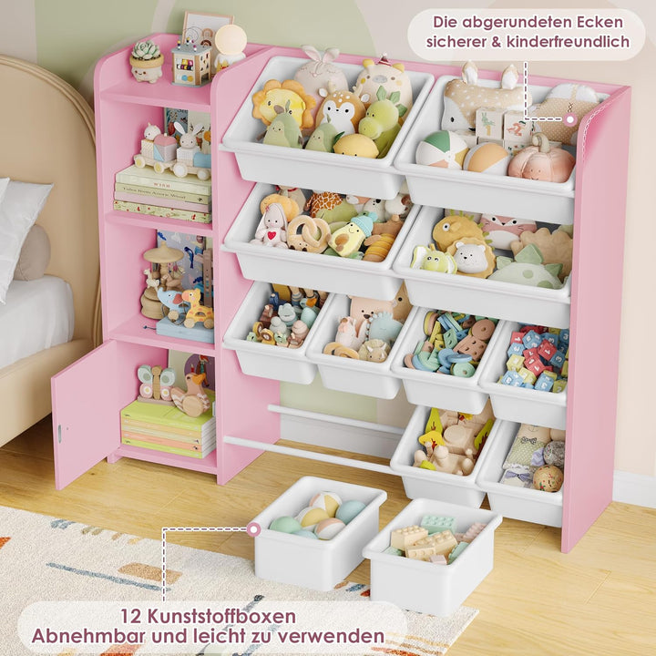 FOREHILL Kinderregal mit 12 Boxen Kinderschrank Holz Bücherregal für Kinder Aufbewahrungsbox Kinderz