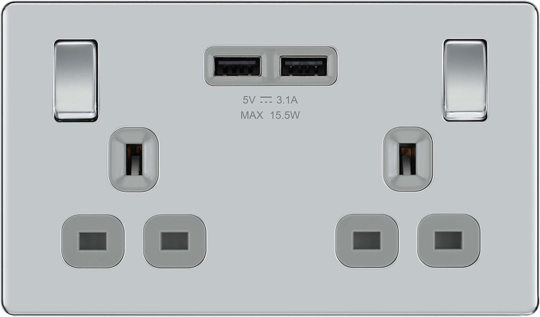 BG Electrical FPC22U3G, schraubenlose Flachplatte, poliert, Chrom, doppelt geschaltete, 13A-Steckdos