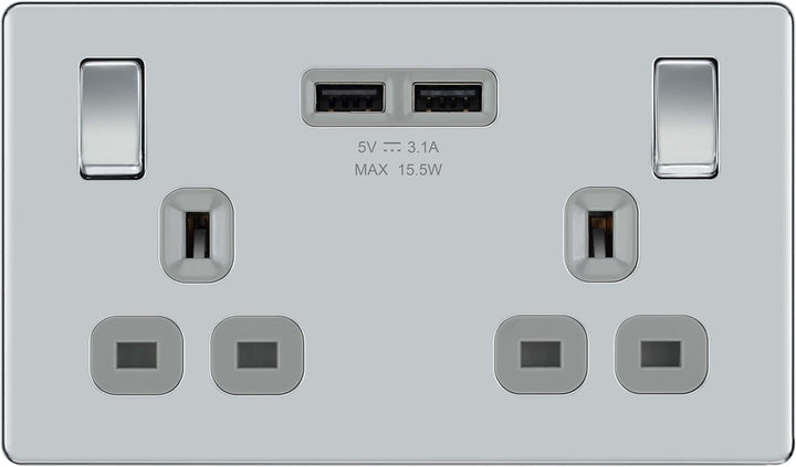 BG Electrical FPC22U3G, schraubenlose Flachplatte, poliert, Chrom, doppelt geschaltete, 13A-Steckdos