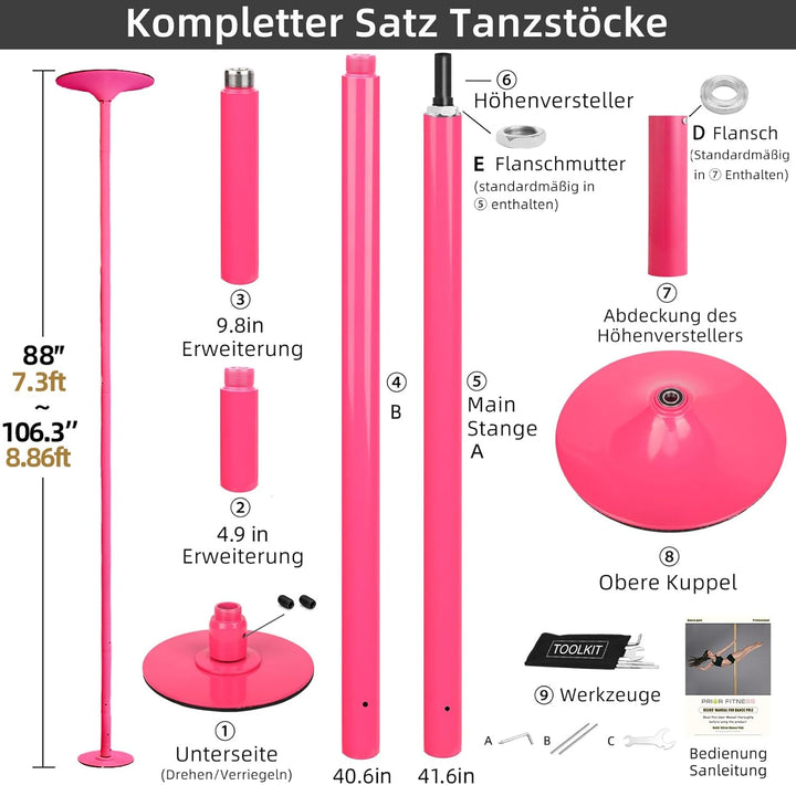 PRIOR FITNESS Pole Dance Tanzstange 45mm von 2,35 bis 2,74 m Höhenverstellbar,2 Modi: drehend/statis