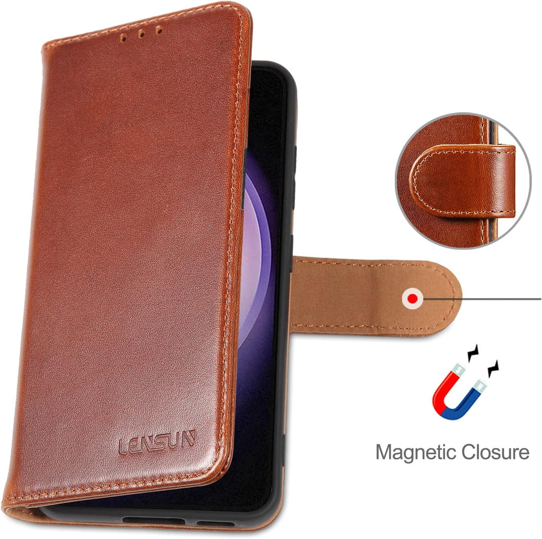 LENSUN Echtleder Hülle für Samsung Galaxy S23, Handyhülle [Echtes Leder] [Magnetverschluss] [RFID Sc