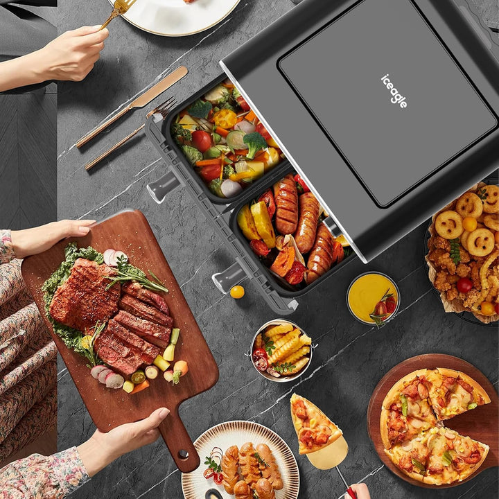 iceagle Heissluftfritteuse 2 Kammern Airfryer XXL 11L - 1700 W Heissluftfritteuse mit 2 Fächer | Dua