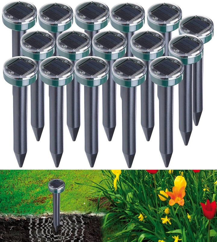 Royal Gardineer Solar-Maulwurf-Schrecke: 16er-Set Solar-Maulwurffrei-Erdspiesse, Akku, 400Hz, bis 11