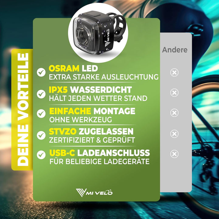 MIVELO Cube Fahrradlicht StVZO zugelassen Fahrradbeleuchtung USB-aufladbar & 100% wasserdicht LED Fa