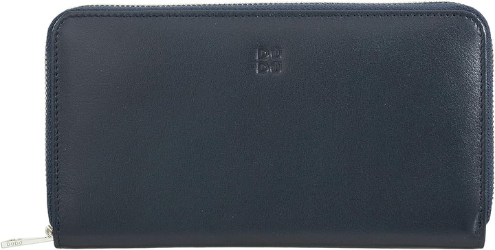 DUDU Grosse Bunte Damenbrieftasche RFID in echtem Leder mit Rundum - Reissverschluss Navy, Navy