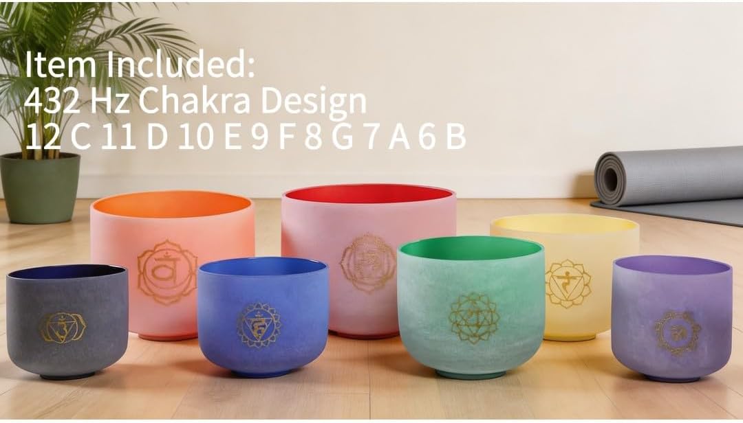 ENERGYSOUND 432 Hz 6-12 Inch Coloured Chakra Design Set of 7 Quartz Crystal Singing Bowl Healing & Y