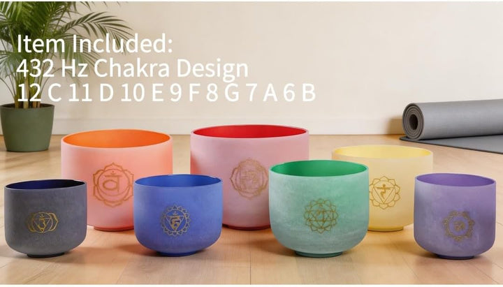ENERGYSOUND 432 Hz 6-12 Inch Coloured Chakra Design Set of 7 Quartz Crystal Singing Bowl Healing & Y