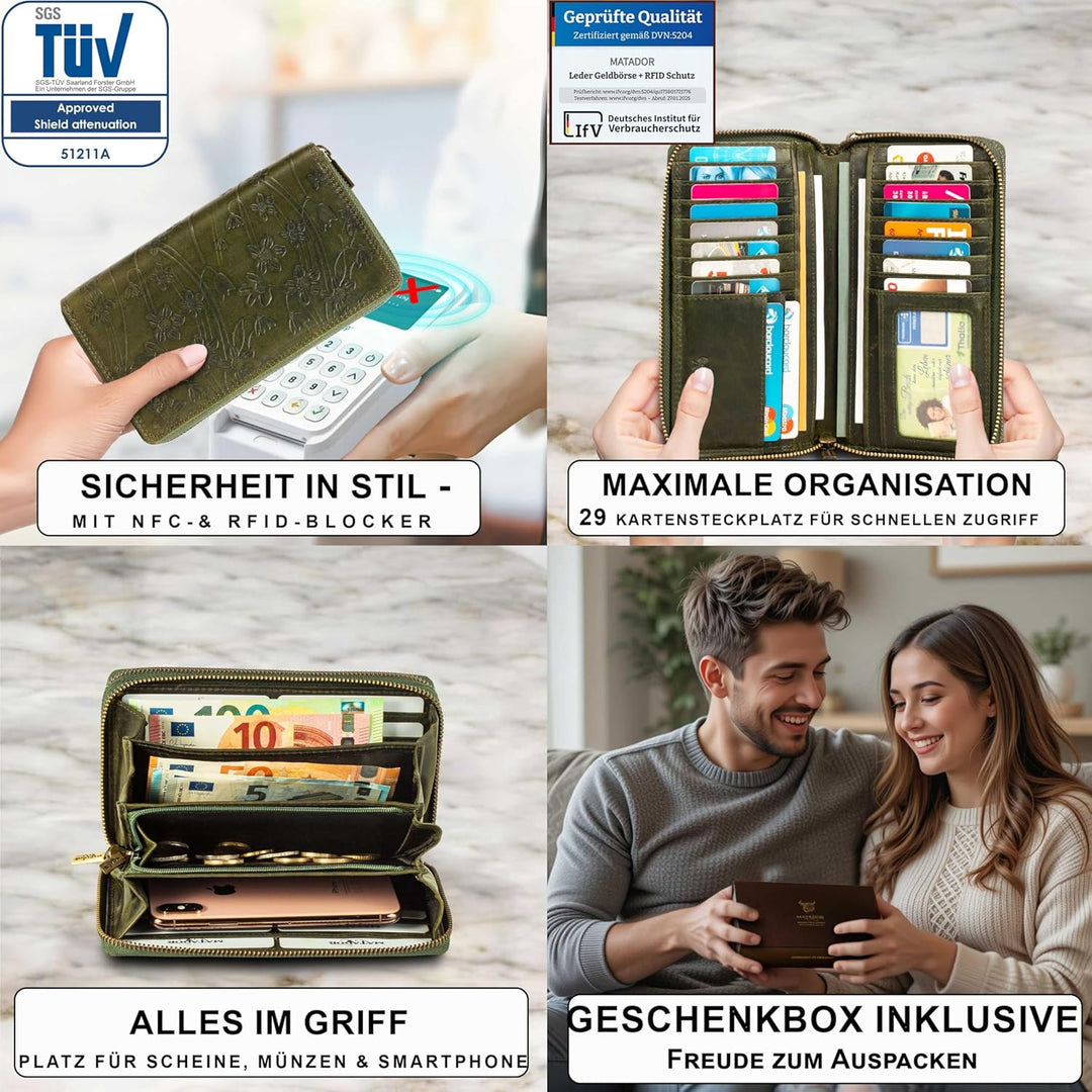 MATADOR Geldbörsen Damen Grün #Madrid mit Edle Geschenk Box, Eleganter Geldbeutel Leder mit RFID Wal