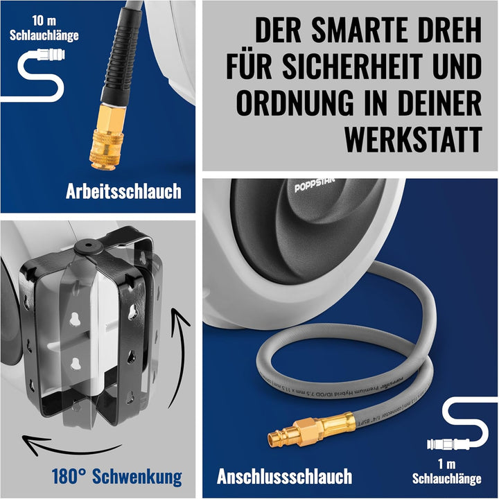Poppstar Druckluftschlauchtrommel (10m+1m, Durchmesser 5/16" (8x12mm)) Schnellkupplung 1/4" BSPT, Sc