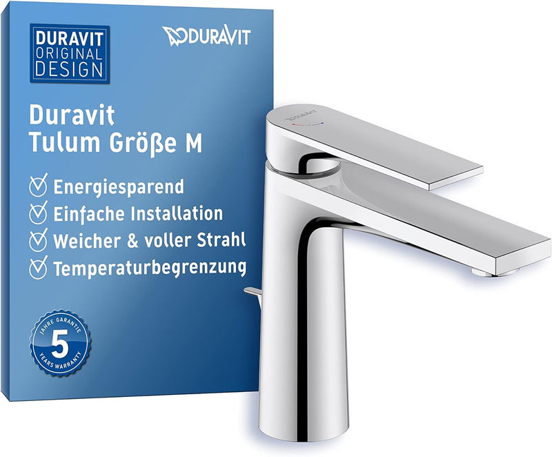 Duravit Tulum Waschtischarmatur, Grösse M (Auslauf Höhe 122 mm), Wasserhahn Bad mit Zugstangen-Ablau