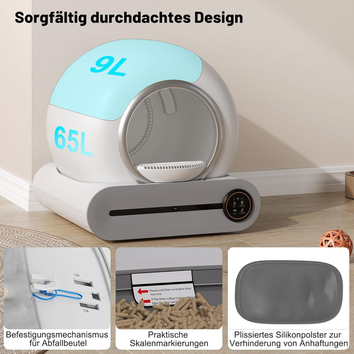 Merax Selbstreinigende Katzentoilette, Automatisches Katzenklo, APP-Steuerung/65L Max Kapazität/Infr