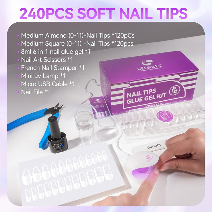 Gelike ec Nageltips und Nagelgelkleber Kit -Gel x Nail Extension Set Mini Nagellampe 6 in 1Nagelkleb