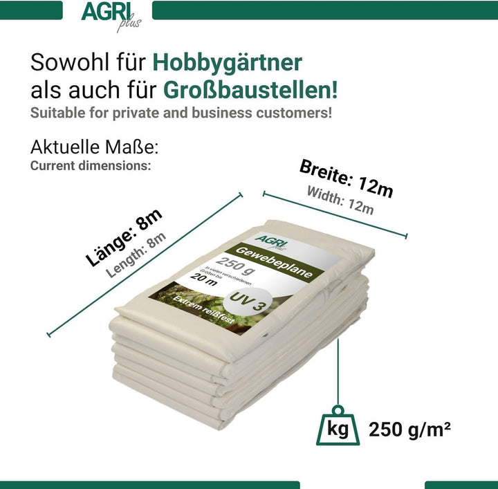 AGRI plus Gewebeplane mit Ösen I 8 x 12 m I Verschiedene Grössen I 250 g/m² Folienstärke I Stabile &amp;